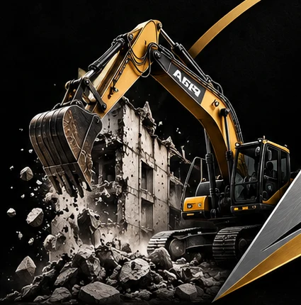 Bagger beim Abbruch einer Betonwand