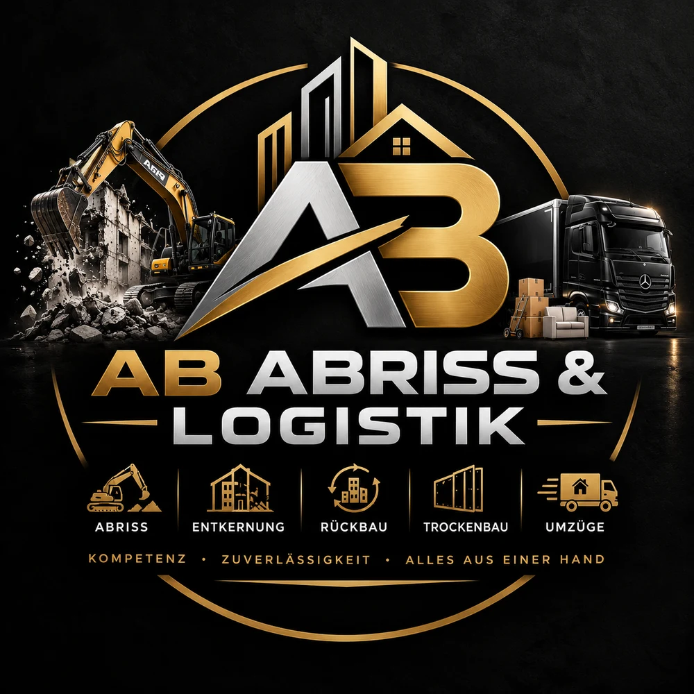 Logo AB Abriss & Logistik: Bagger an einem Abbruchgebäude, Monogramm AB und Umzugs-LKW mit Kartons