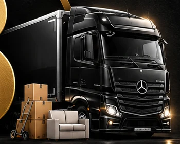 Schwarzer Umzugs-LKW mit Kartons und Sessel